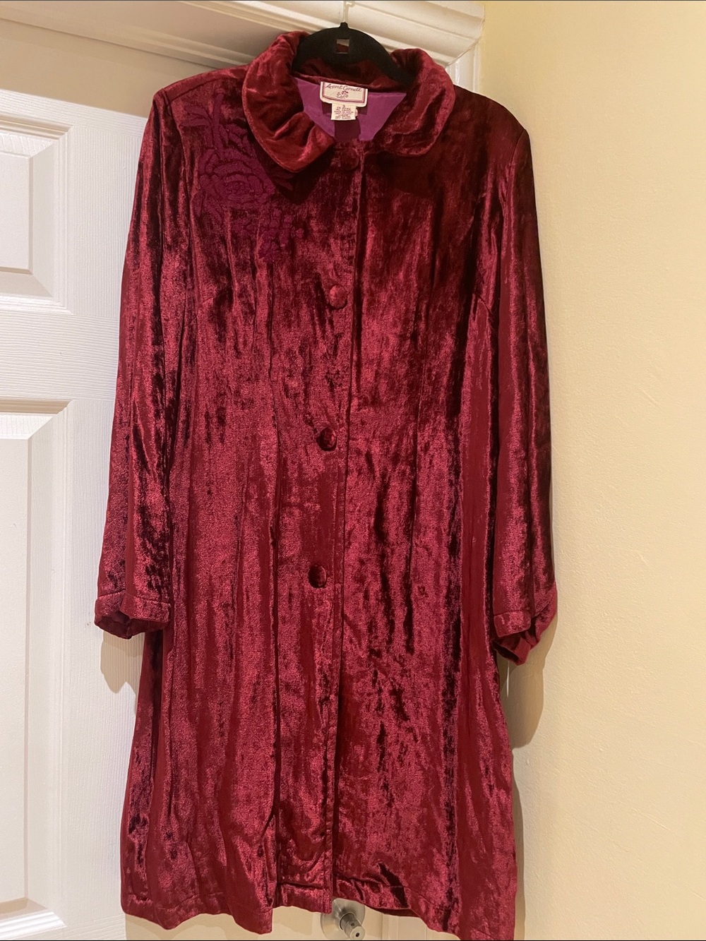 Vintage 90s April Cornell Burgundy Embroidered Long Velvet Duster Sz S Romantic